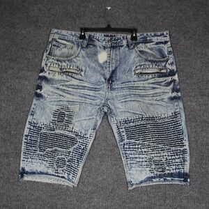 Mens‎ Imperious Acid Wash Denim Shorts Ripped Moto Style Zippers Size 42